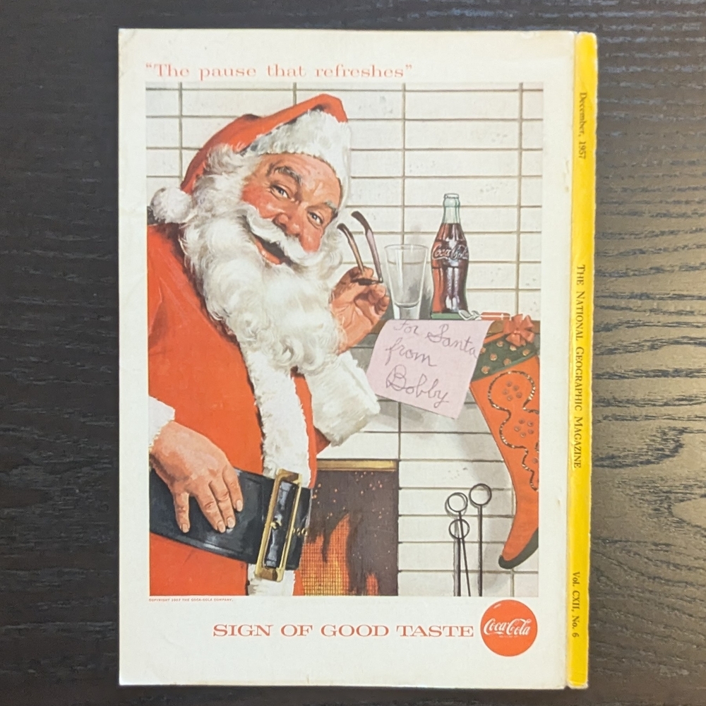 Vintage 1957 Santa Claus and Stocking Coca Cola Ad, National Geographic